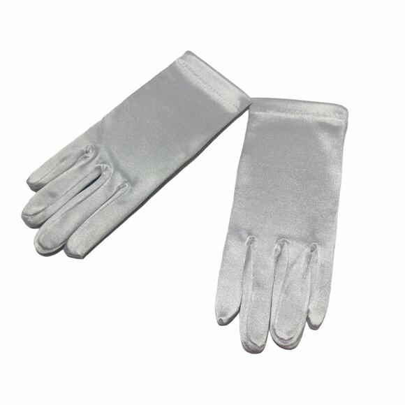 VINTAGE (Small Kids) Satin Gloves Stretchy Silver 1990's Deadstock E35 - Picture 1 of 3